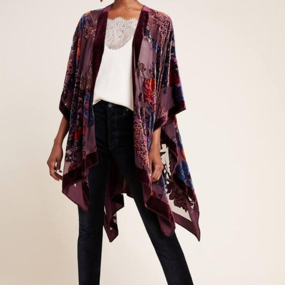 Saachi Velvet Burgundy Burnout Floral Velvet Trim Plum Design Kimono OS